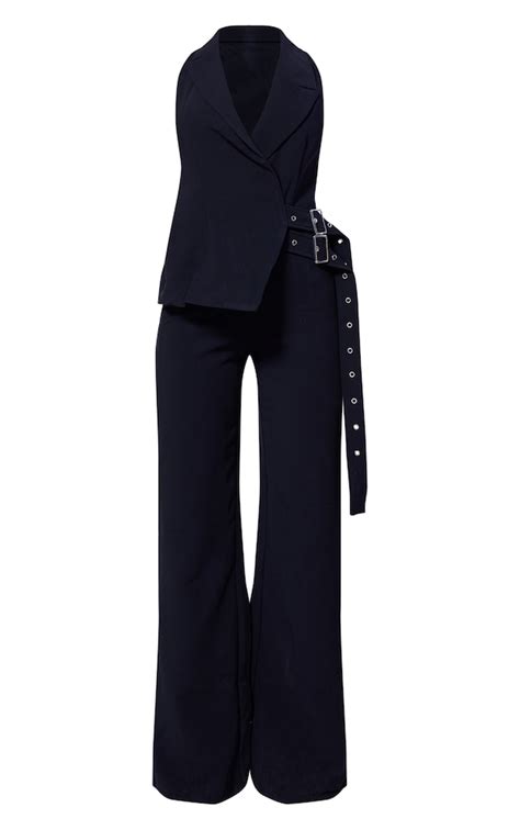 Plt Label Black Tailored Vest Belt Detail Jumpsuit Jumpsuits