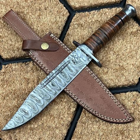 Ash Hj3 Damascus Steel Custom Handmade Hunting Bowie Knife 14 Inches