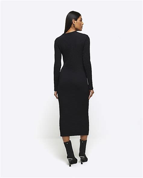 Black Textured Bodycon Midi Dress River Island