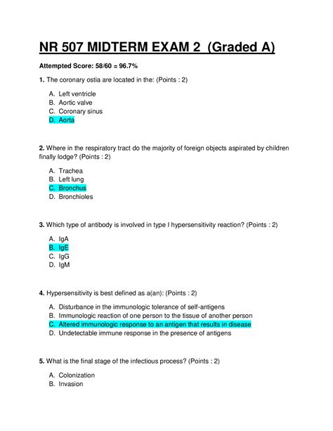 NR 507 NR507 ADVANCED PATHOPHYSIOLOGY MIDTERM EXAM QUESTIONS AND