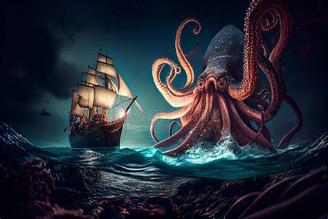 Um Monstro Gigante De Polvo Kraken Atacando Um Navio Pirata No Oceano