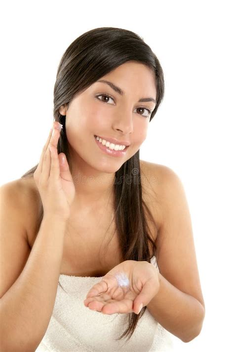 Beautiful Brunette Applying Cosmetic Cream Stock Photo Image Of Care Elegant