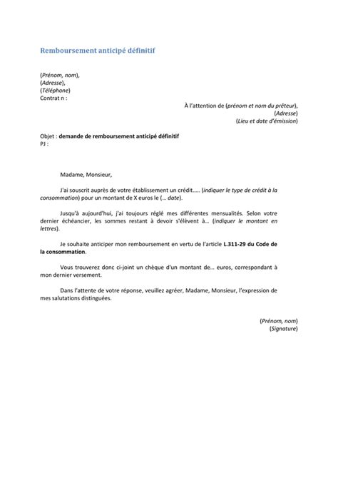 Modèle De Lettre Remboursement Par Anticipation Dun Prêt Exemple De