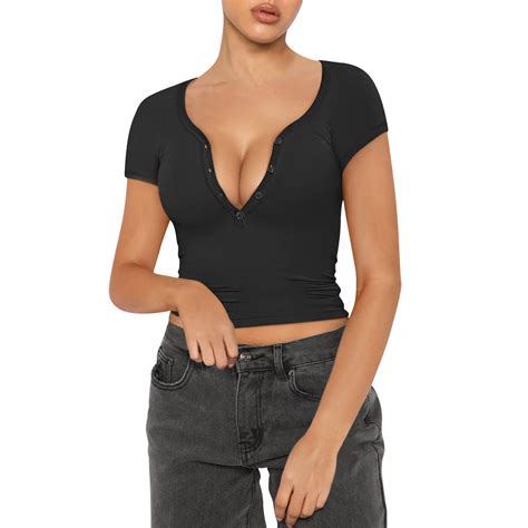 Tofotl Womens Sexy Deep V Neck Tops Short Sleeve Slim Fit T Shirts Basic Y2k Tops Bustier Corset