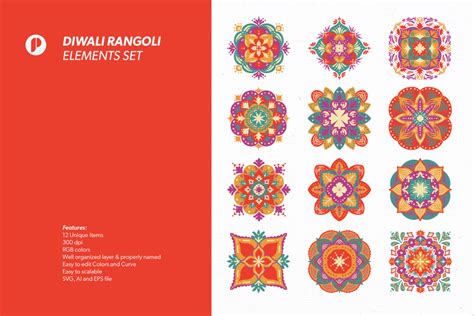 Colorful Diwali Rangoli Elements Set Design Templates - Peterdraw Studio