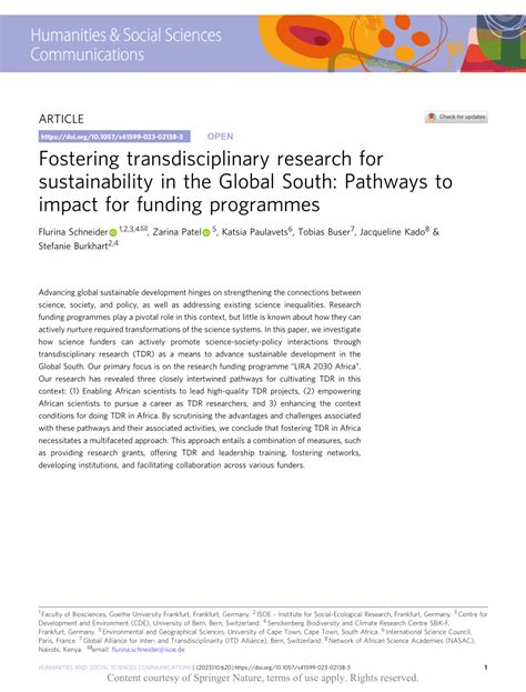 Pdf Fostering Transdisciplinary Research For Sustainability In The Global South Pathways To