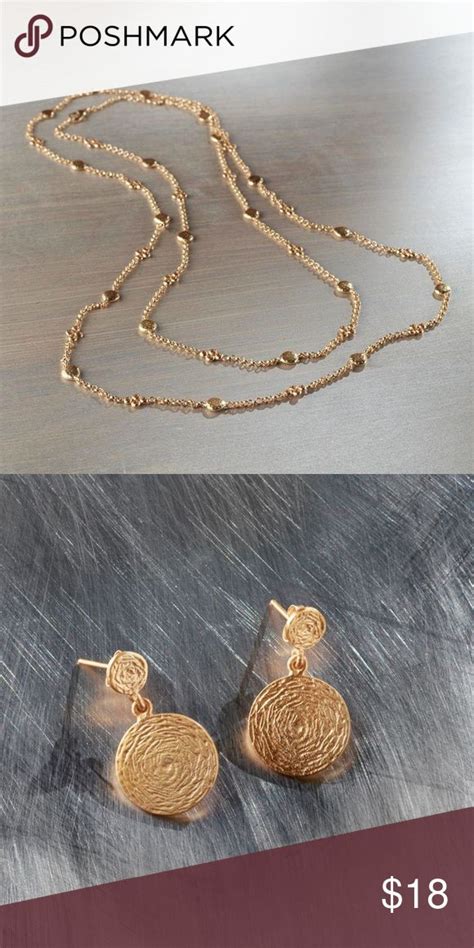 Gold Tone Long Necklace And Earrings Set Earring Set Long Necklace Necklace