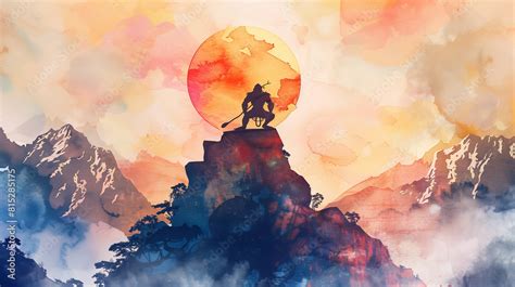 Watercolor Illustration Of A Strong Hanuman Silhouette On Mountain Top