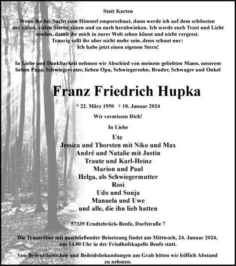 Traueranzeigen Von Franz Friedrich Hupka Trauer In NRW De