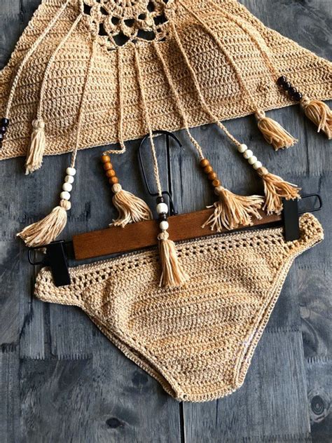 Emmiol Free Shipping Fringed Halter Crochet Knit Bikini Top Khaki