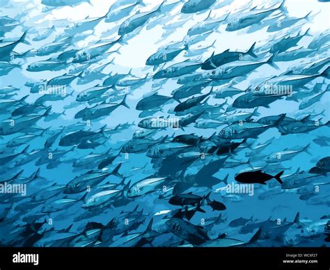 Fish Shoaling And Schooling Underwater Art Illustration Stock Photo