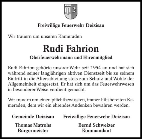 Traueranzeigen Von Rudi Fahrion Zeit Des Gedenkens De