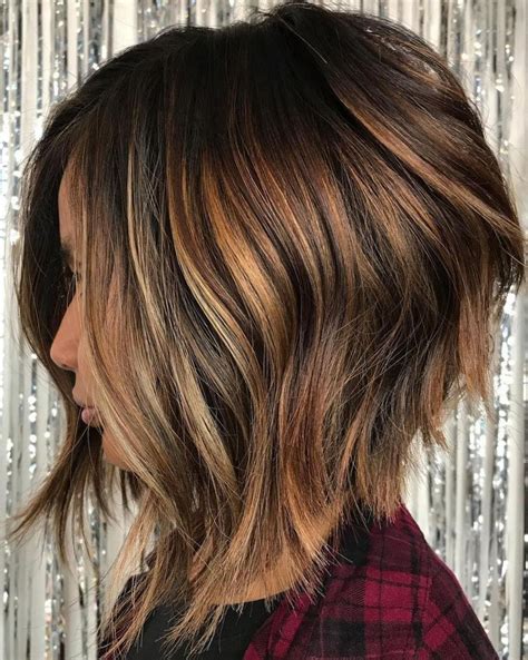 52 Choppy Angled Bob With Caramel Balayage A Stacked Bob Hair Style