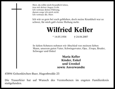 Traueranzeigen Von Wilfried Keller Trauer In Nrw De