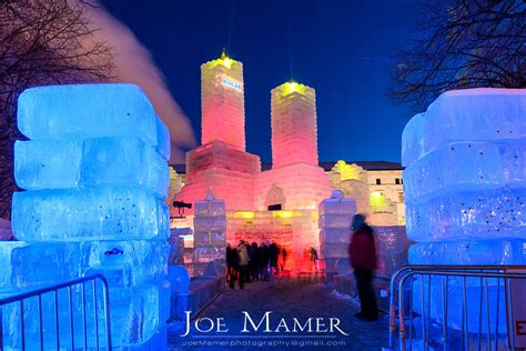 2018 Saint Paul Winter Carnival Ice Palace With Red And Yellow Lighting