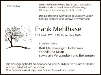 Traueranzeigen Von Frank Mehlhase AZ Trauer De