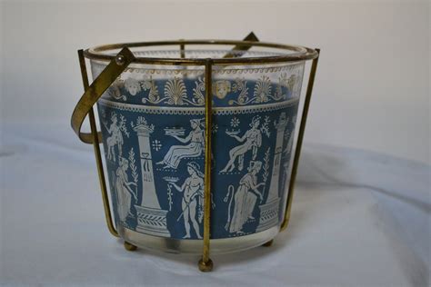 Jeannette Glass Hellenic Blue Jasperware Ice Bucket With Holder Haute Juice