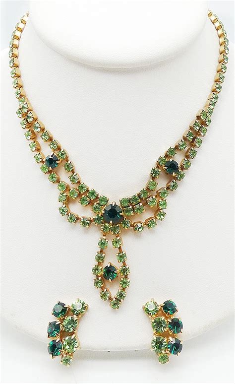 Green Rhinestone Necklace Earrings Set Garden Party Collection