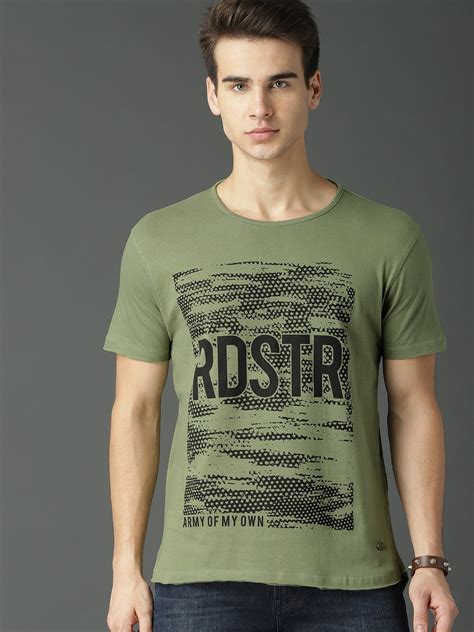 Buy Roadster Men Olive Green Printed Round Neck Pure Cotton T Shirt