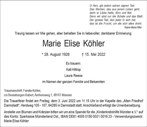 Traueranzeigen von Marie Elise Köhler vrm trauer de