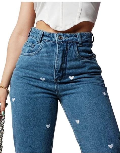 Calça Jeans Coração Detalhe Bordado Wedi Leg Cintura Alta Frete grátis