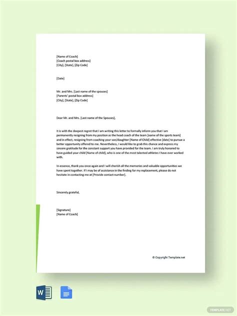 Coach Resignation Letter To Parents Template In Word Google Docs