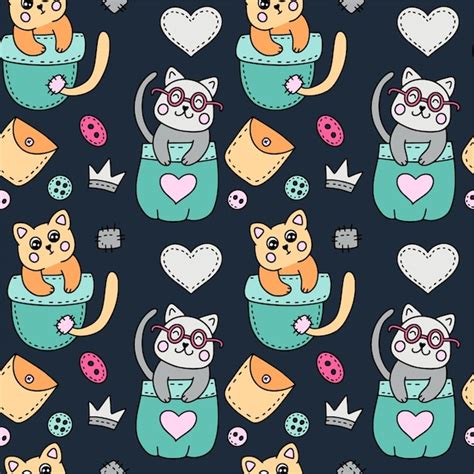 Premium Vector Cute Cat Kawaii Seamless Vector Pattern