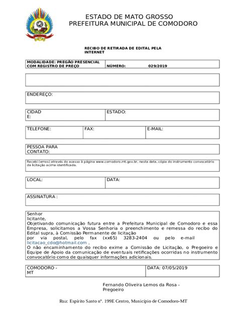 RECIBO DE RETIRADA DO EDITAL VIA INTERNET Doc Template PdfFiller