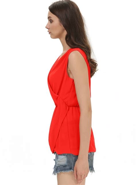 Red Deep V Neck Sleeveless Chiffon Blouse Shein Sheinside