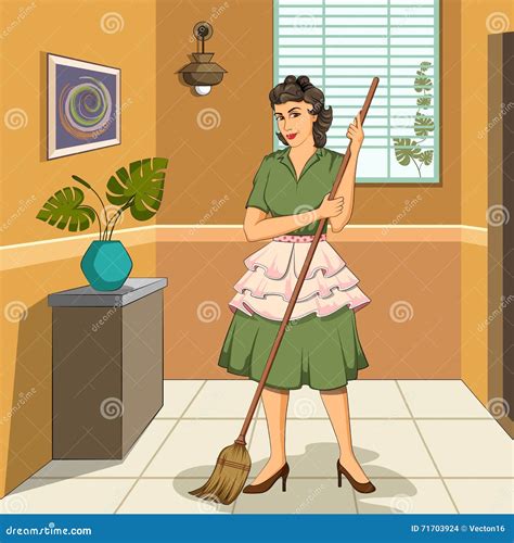 Woman Mopping Floor Home Or Office Cleaning Poster Cartoon Vector 146988551