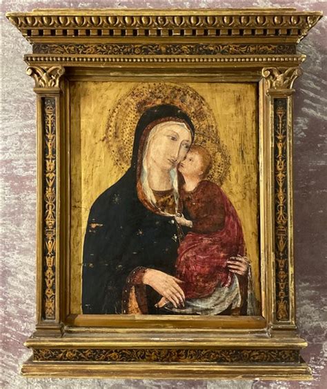 Ignoto Dipinto In Stile Ad Olio Su Tavola Raffigurante Madonna Con