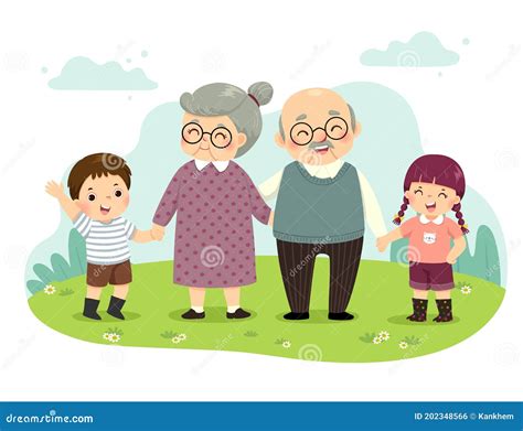 Cartoon Of Grandparents And Grandchildren Standing Holding Hands In The