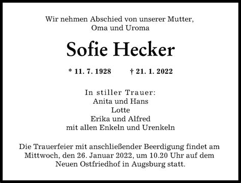 Traueranzeigen Von Sofie Hecker Allg Uer Zeitung