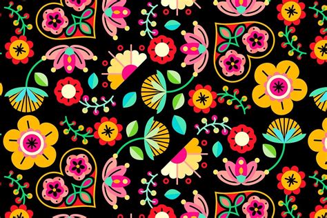 Flowers Folk Art Patterned On Black Background Vector Premium Image