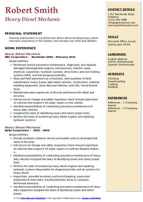 Heavy Diesel Mechanic Resume Samples | QwikResume