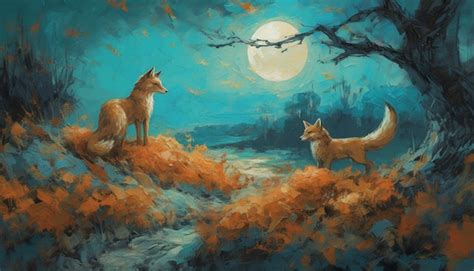 Premium AI Image A Painting Of Two Foxes In A Landscape With The Moon