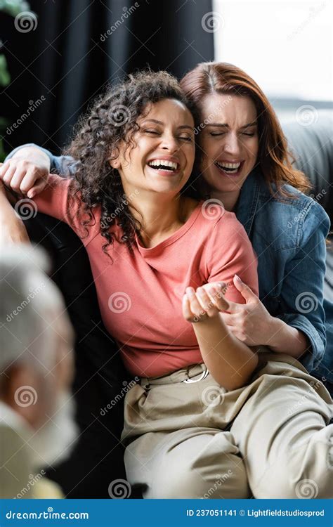 Excited Multiethnic Lesbian Couple With Closed Stock Image Image Of