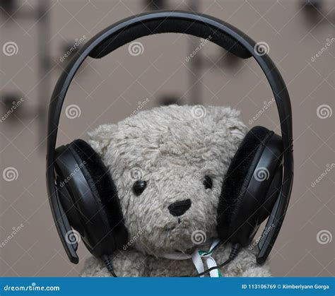 Stuffed Teddy Bear With Headphones Stock Image Image Of Bear Closeup