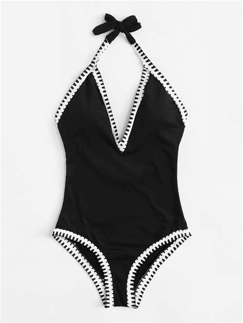 Contrast Trim Swimsuit Shein Sheinside Halter One Piece Swimsuit