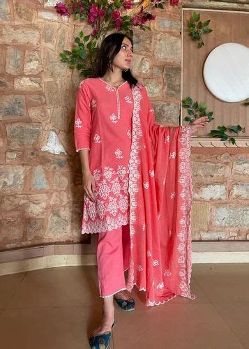 Pink And White Embroidered Cotton Kurta Suit Set At Rs Piece