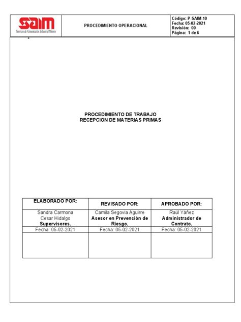 P Saim 10 Recepción De Materias Primas Pdf