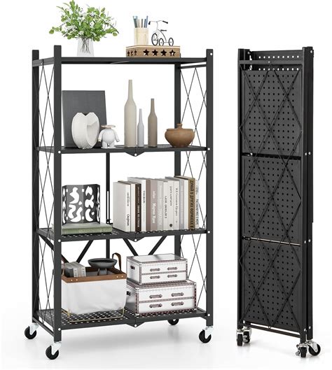 Estantería Plegable, Estantería de Metal de 4 Niveles con 4 Ruedas