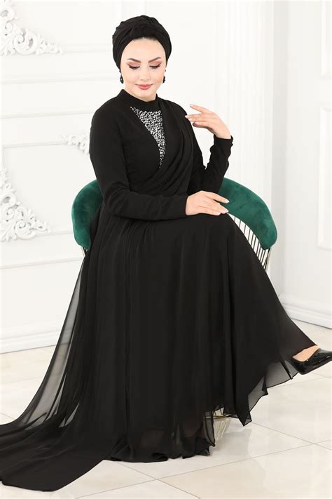 Hürrem Taşlı Tesettür Abiye 5354AB368 Siyah Moda Selvim