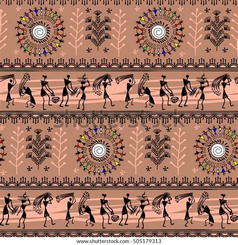 Warli Painting Seamless Pattern Hand Drawn Stock Vector Royalty Free