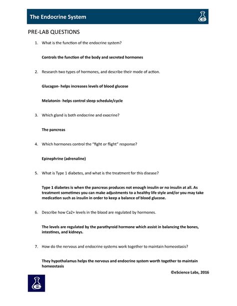 Bio 169 Endocrine Escience Lab Answers Pre Lab Questions What Is The