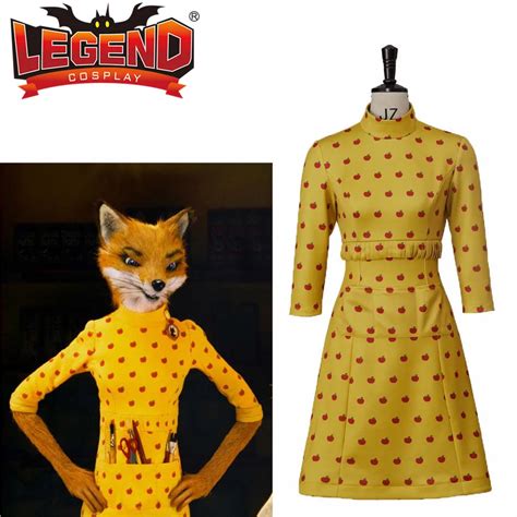 Fantastic Mr Fox Cosplay Womens Mrs Fox Dress Costume Yellow Printed Dress For Halloween