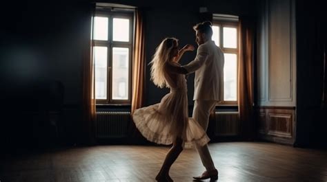 Premium AI Image | A couple dancing in a dark room with windows behind them