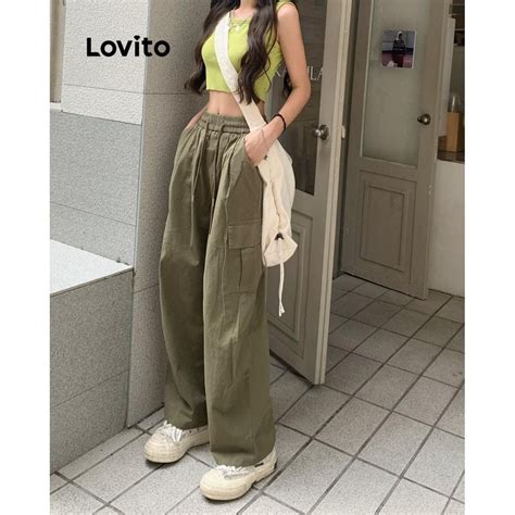 Lovito Casual Plain Drawstring Pocket Pants For Women Lna Lovito