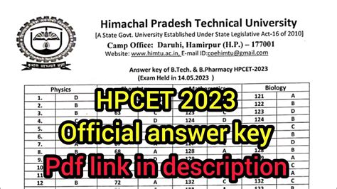 HPCET 2023 Answer Key For B Tech And B Pharma HPTU HPCET 2023