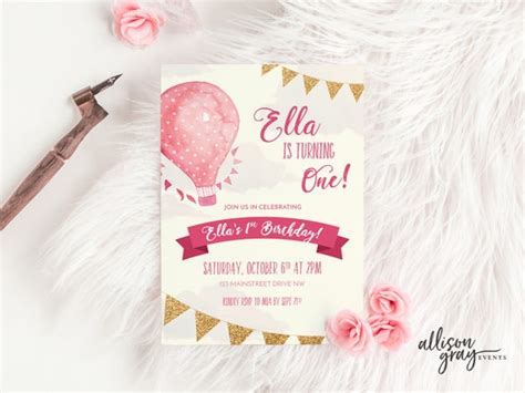 Hot Air Balloon Party Invitation Girl Pink Any Age Birthday Etsy